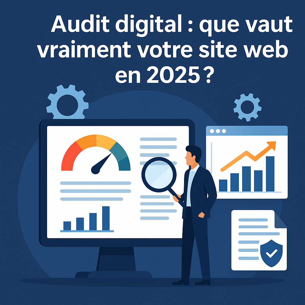 Illustration représentant un audit digital 2025 : un expert examine un rapport de performance sur un écran d’ordinateur, avec une jauge, des graphiques et des icônes symbolisant l’analyse technique et SEO d’un site web.
